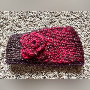 D&Y Knit Headband with Red and Brown Flower